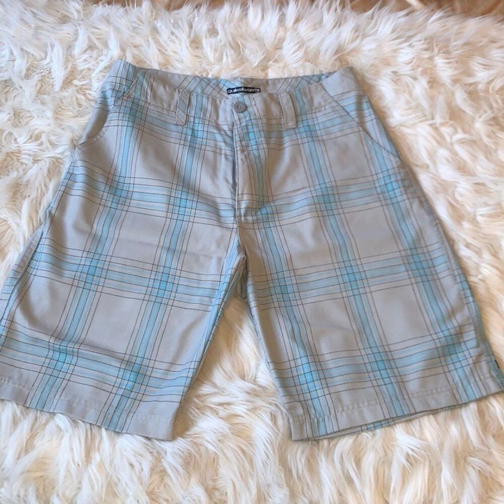 Quicksilver Boarding Mens Gray Blue Black Plaid Casual Chino Shorts Sz 32